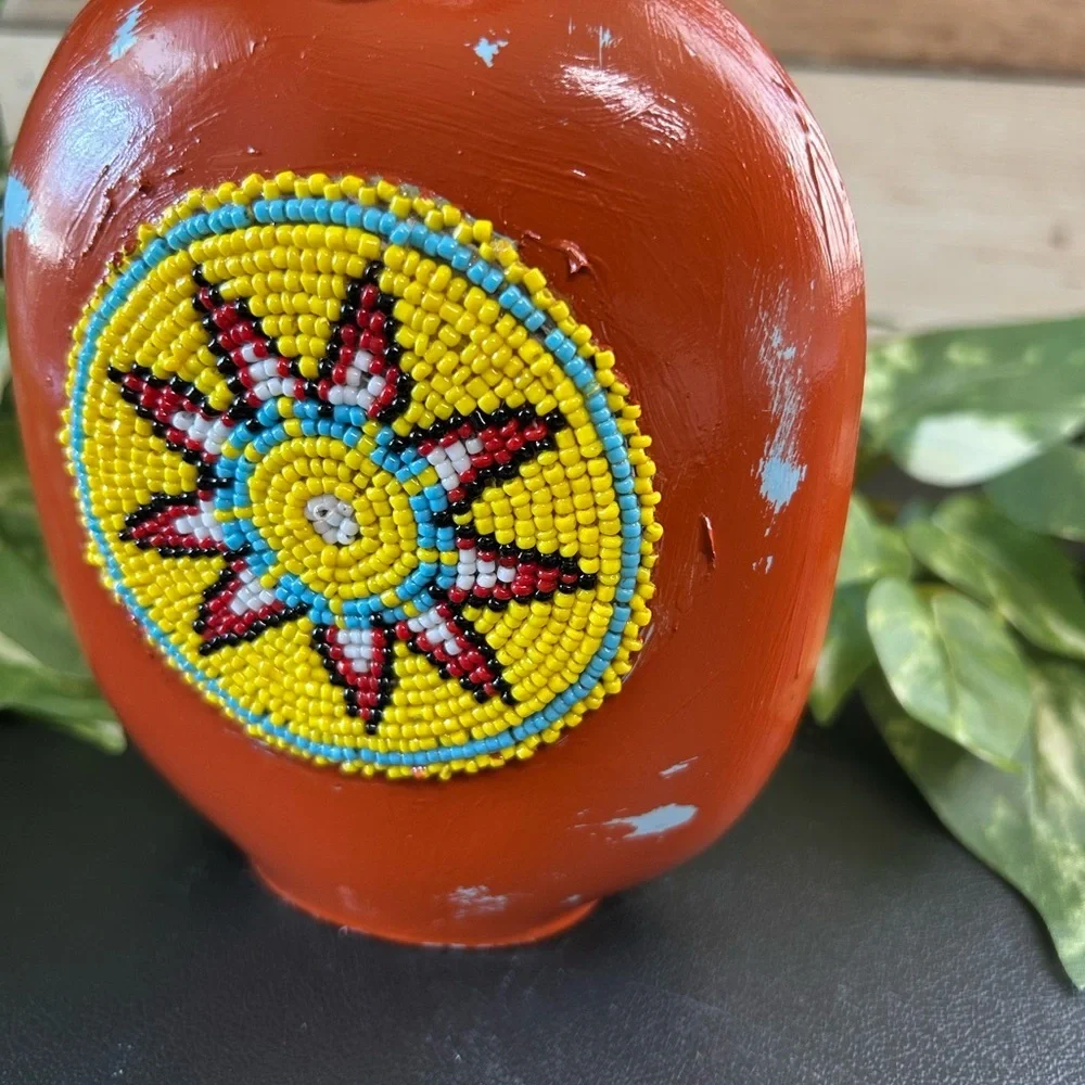 Upcycled‎ Native American Glass Beaded Jar Corked Distressed Shelf Sitter Decor